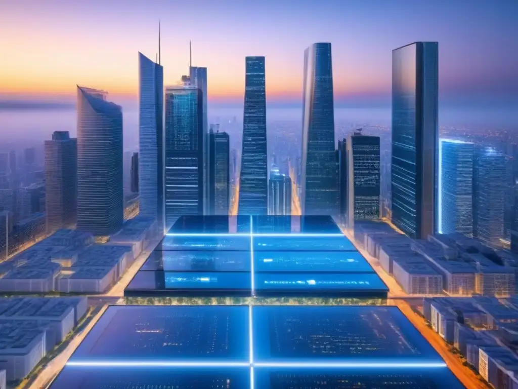Metrópolis futurista: transacciones inmobiliarias en tiempo real con tecnología blockchain en Norteamérica Vista futurista de la ciudad al anochecer con rascacielos y tecnología Blockchain en mercado inmobiliario