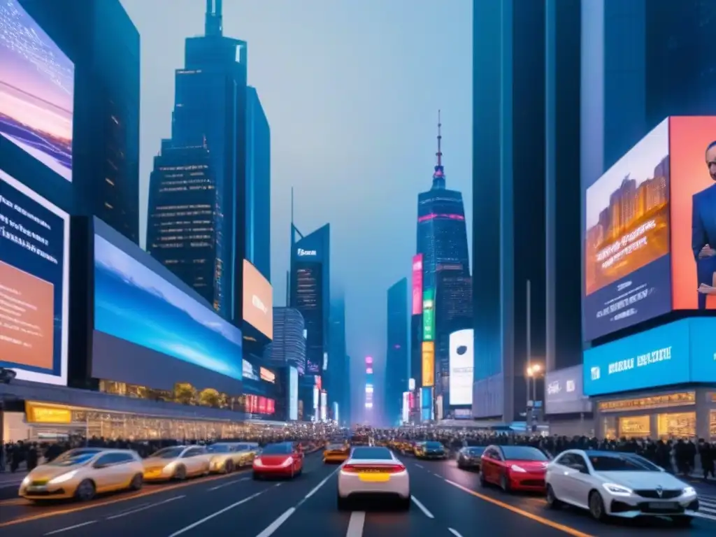 Metrópolis futurista: innovación en el mercado inmobiliario Vista futurista de una ciudad con rascacielos iluminados y calles llenas de tecnología