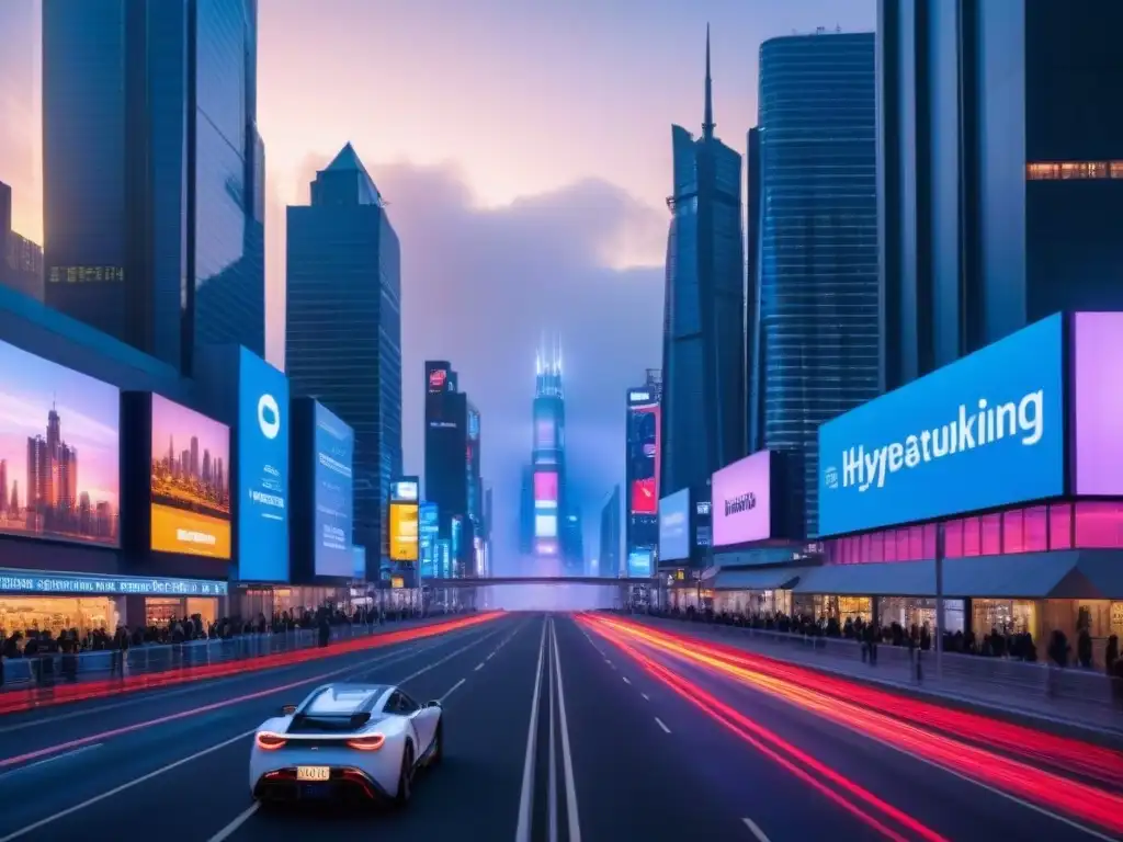 Metrópolis futurista: rascacielos y drones en la noche Vista futurista de una ciudad al anochecer, con rascacielos iluminados y drones