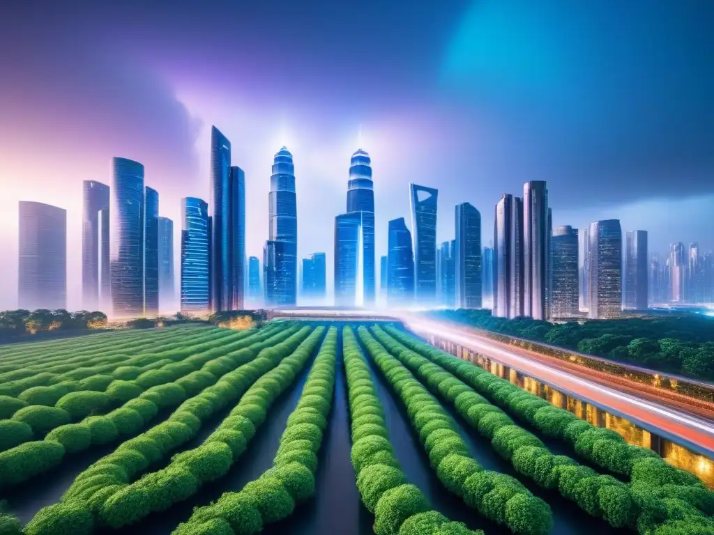 Metrópolis futurista de alta tecnología: inversión en infraestructura IT Vista futurista de una ciudad con rascacielos modernos rodeados de tecnología y naturaleza