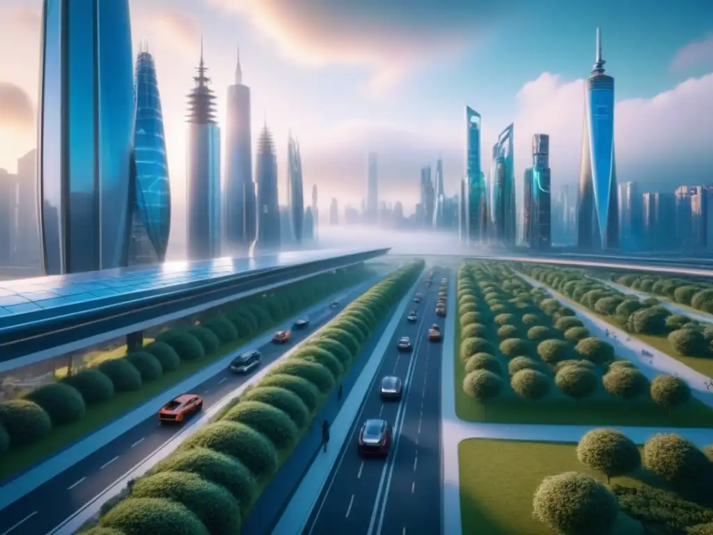 Metrópolis futurista: fusión perfecta entre naturaleza y tecnología en 8k Vista futurista de una ciudad postCOVID, con rascacielos innovadores y tecnología verde, ideal para tu portafolio inmobiliario internacional postCOVID