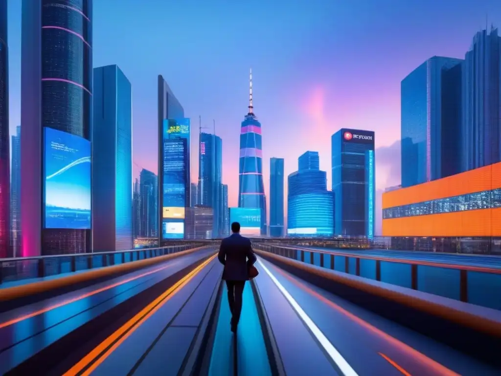 Metrópolis futurista y vibrante: luces y gráficos financieros en la noche Vista futurista de ciudad al anochecer, con rascacielos iluminados y pantallas digitales mostrando gráficos financieros