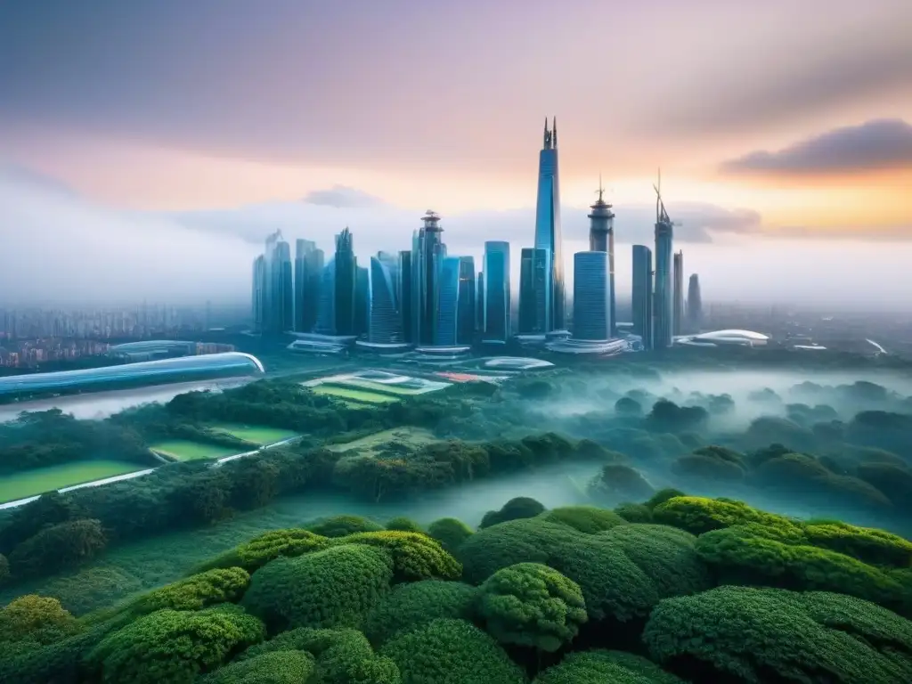 Cityscape futurista: armonía entre arquitectura moderna y naturaleza Vista futurista de ciudad con rascacielos y naturaleza, equilibrio entre desarrollo urbano y sostenibilidad