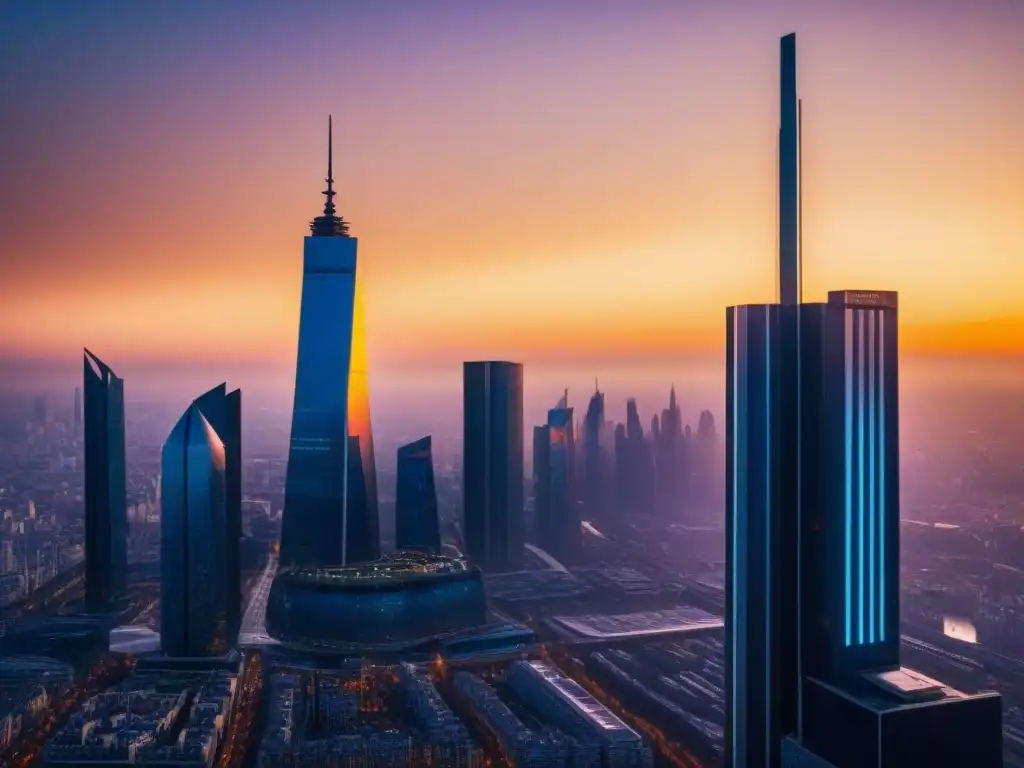 Horizonte futurista: avance inmobiliario postBrexit Vista futurista de la ciudad con rascacielos modernos y atardecer, simbolizando la Inversión inmobiliaria post Brexit