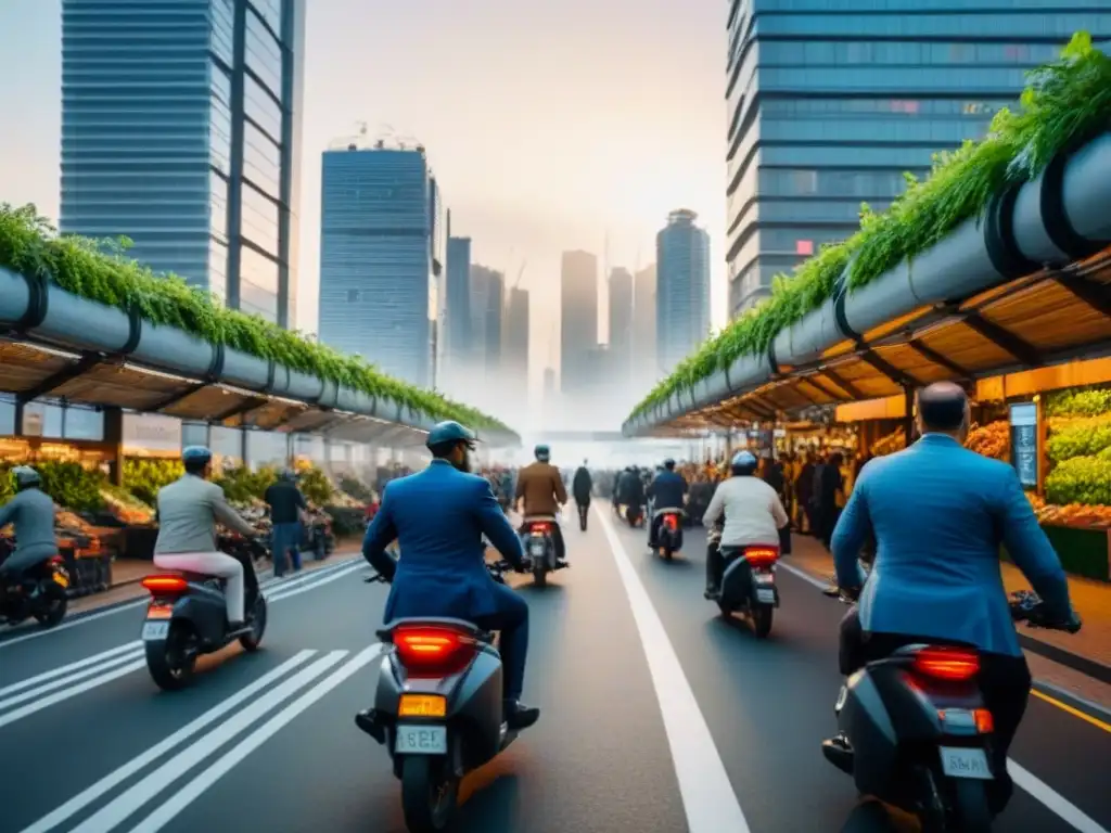 Metrópolis futurista ecoamigable al anochecer Vista futurista de una ciudad al anochecer con rascacielos ecológicos y normativas ambientales mercado inmobiliario global