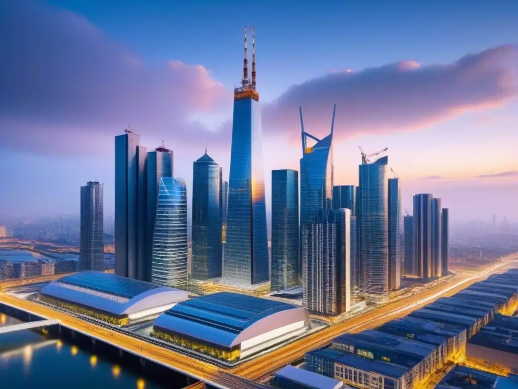 Metrópolis futurista: cumplimiento normativo en construcción Vista futurista de una ciudad con rascacielos y tecnología avanzada, reflejando la integración de normativas construcción flujo caja inversiones