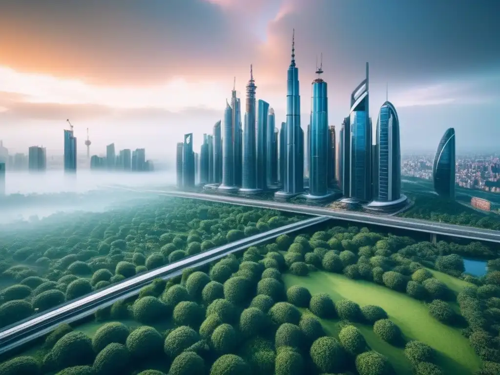 Cityscape futurista: drones, arquitectura innovadora y datos inmobiliarios Vista futurista de ciudad con rascacielos, parques verdes y tecnología