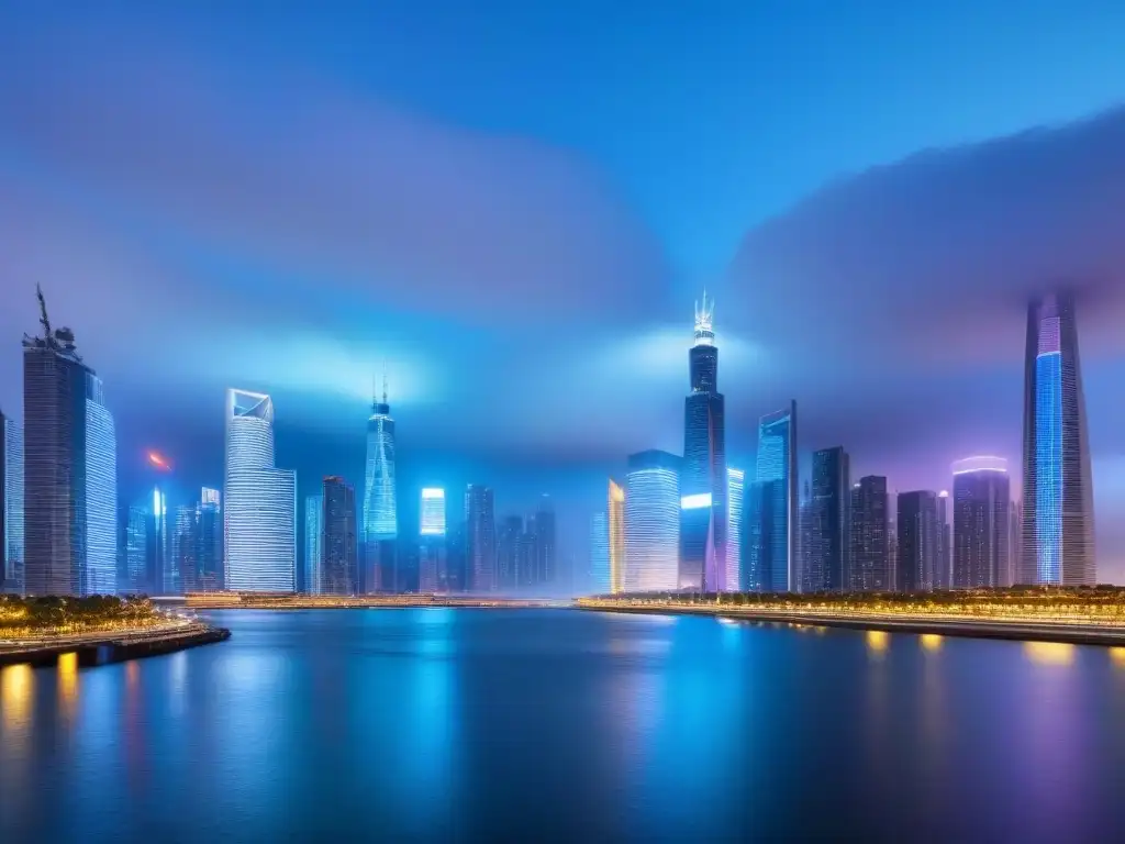 Horizonte futurista: inversión inmobiliaria de vanguardia Vista futurista de una ciudad al anochecer con rascacielos y tecnología avanzada