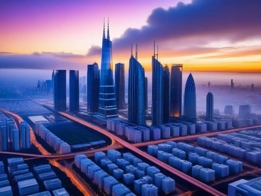 Metrópolis futurista al atardecer: skyline tecnológico y vanguardista Vista futurista de la ciudad al anochecer, con rascacielos iluminados, autos autónomos y sistemas de transporte avanzados, bajo un cielo de atardecer vibrante
