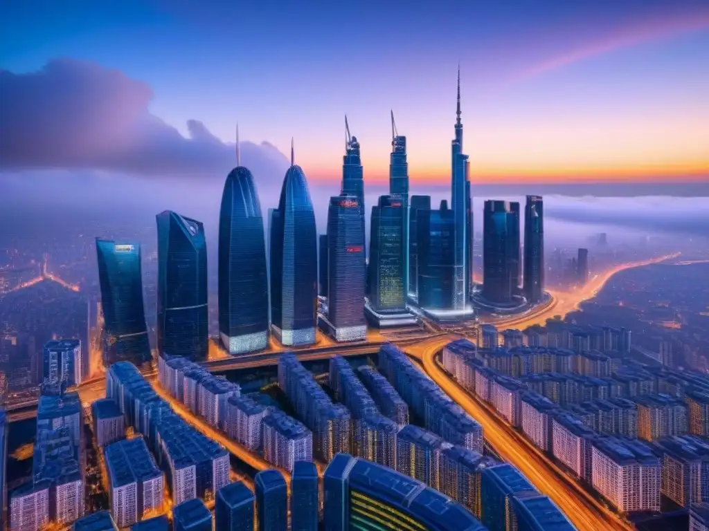 Horizonte urbano futurista al anochecer: inversión global postBrexit Vista futurista de la ciudad al anochecer, con rascacielos innovadores iluminados