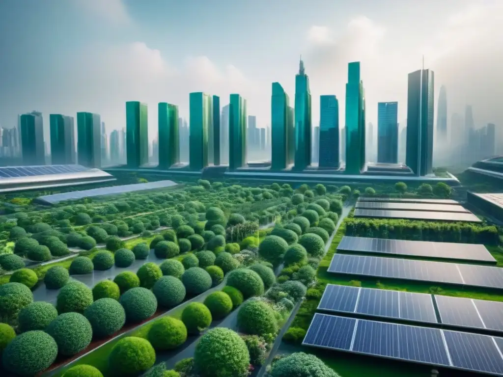Horizonte urbano futurista: rascacielos ecoamigables Vista futurista de una ciudad con rascacielos sostenibles y jardines en azoteas, reflejando la integración de leyes verdes en el mercado inmobiliario