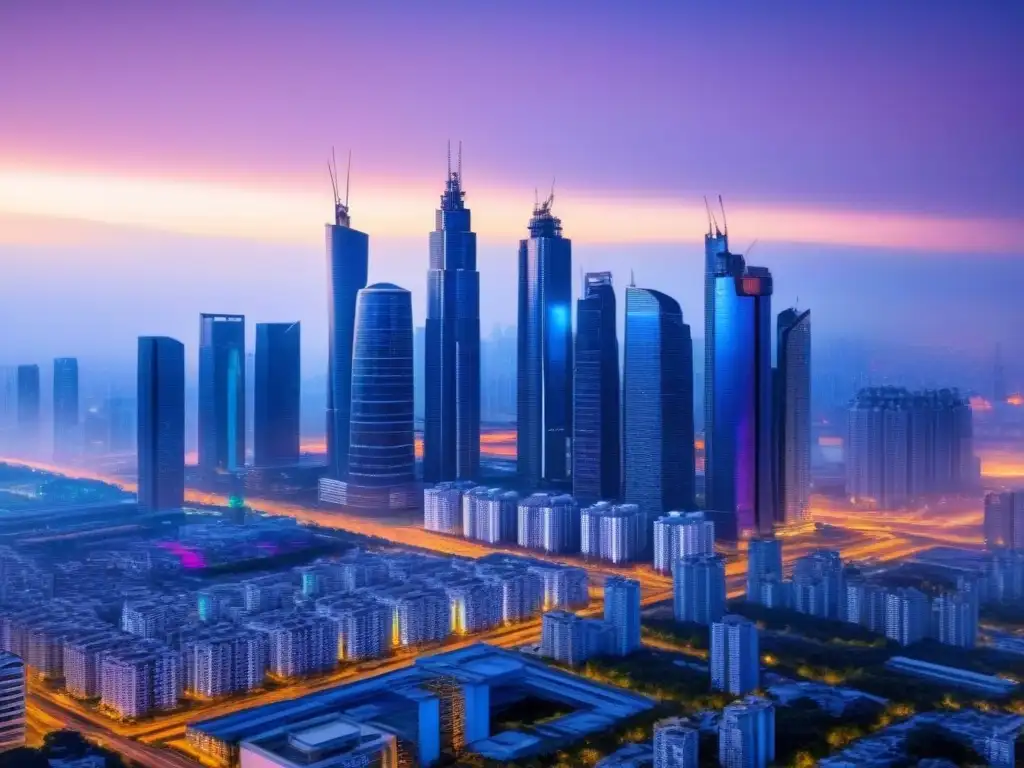 Horizonte futurista: rascacielos iluminados en la noche Vista futurista de la ciudad al anochecer, con rascacielos iluminados por luces de neón