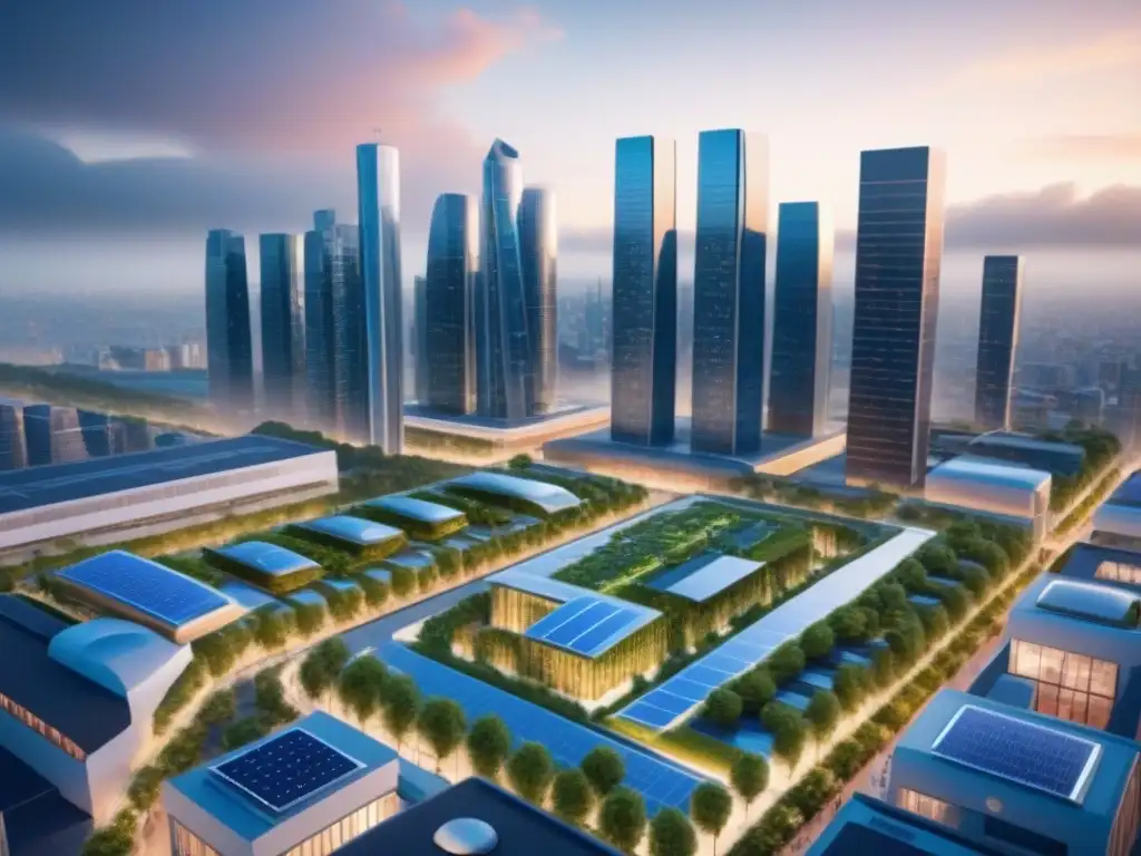 Metrópolis futurista: innovación y sostenibilidad en la ciudad del mañana Vista futurista de una ciudad con rascacielos, autos autónomos y áreas verdes, ideal para pólizas seguros propiedades comerciales internacionales