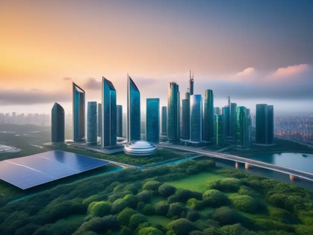 Metrópolis del futuro: rascacielos ecológicos en armonía con la naturaleza Vista futurista de una ciudad con rascacielos ecoamigables y tecnología avanzada, en un desarrollo inmobiliario resiliente al cambio climático