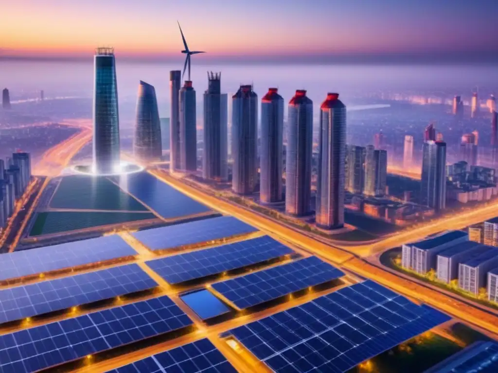 Horizonte urbano sostenible: arquitectura futurista y energía verde Vista futurista de una ciudad con rascacielos equipados con paneles solares y turbinas eólicas
