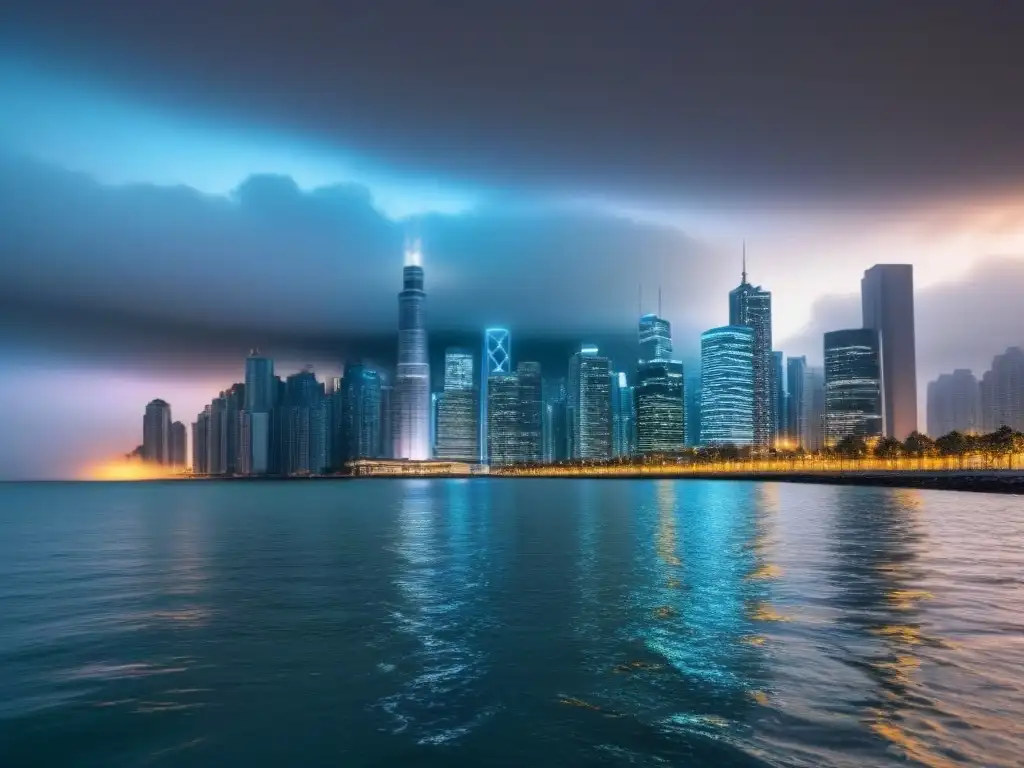 Impacto del cambio climático en inversiones inmobiliarias Vista futurista de la ciudad con rascacielos y nivel del mar elevado, mostrando el impacto del riesgo climático en bienes raíces