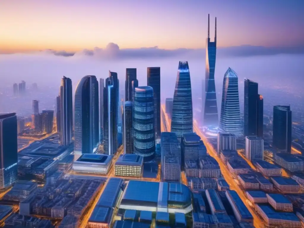 Horizonte futurista: regulaciones impactan mercado inmobiliario Vista futurista de la ciudad al anochecer con rascacielos iluminados y calles llenas de vehículos autónomos