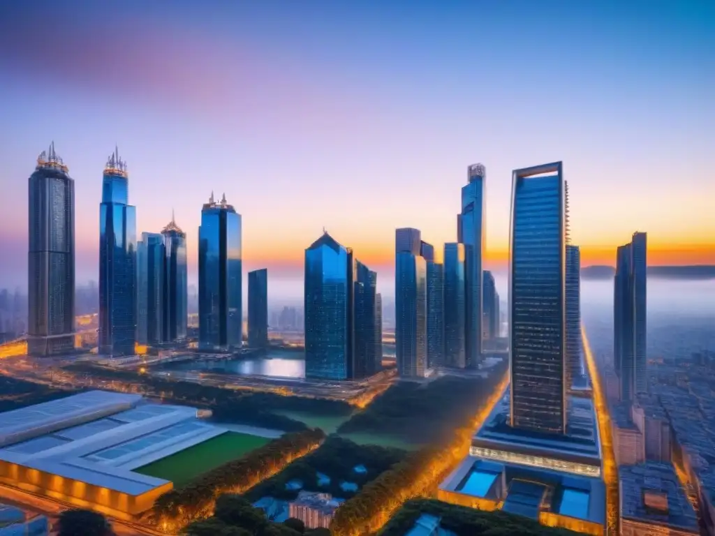 Horizonte futurista al anochecer: innovación y crecimiento económico en bienes raíces internacionales Vista futurista de la ciudad al anochecer, con rascacielos elegantes y avanzada arquitectura iluminada, simbolizando el crecimiento económico e innovación en el mercado inmobiliario internacional, bajo un cielo despejado con tonos cálidos y fríos que resaltan