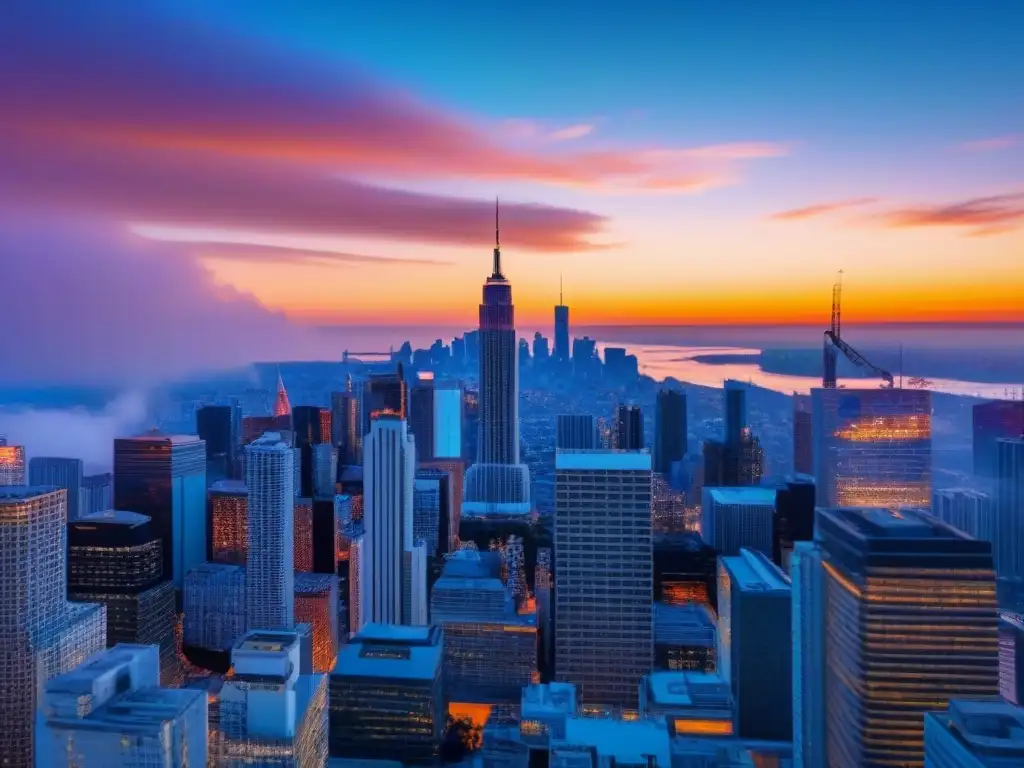 Metrópolis Futurista: Ciudad Blockchain en Atardecer Vista futurista de una ciudad con rascacielos y patrones geométricos brillantes, simbolizando la Tecnología Blockchain en inversión inmobiliaria