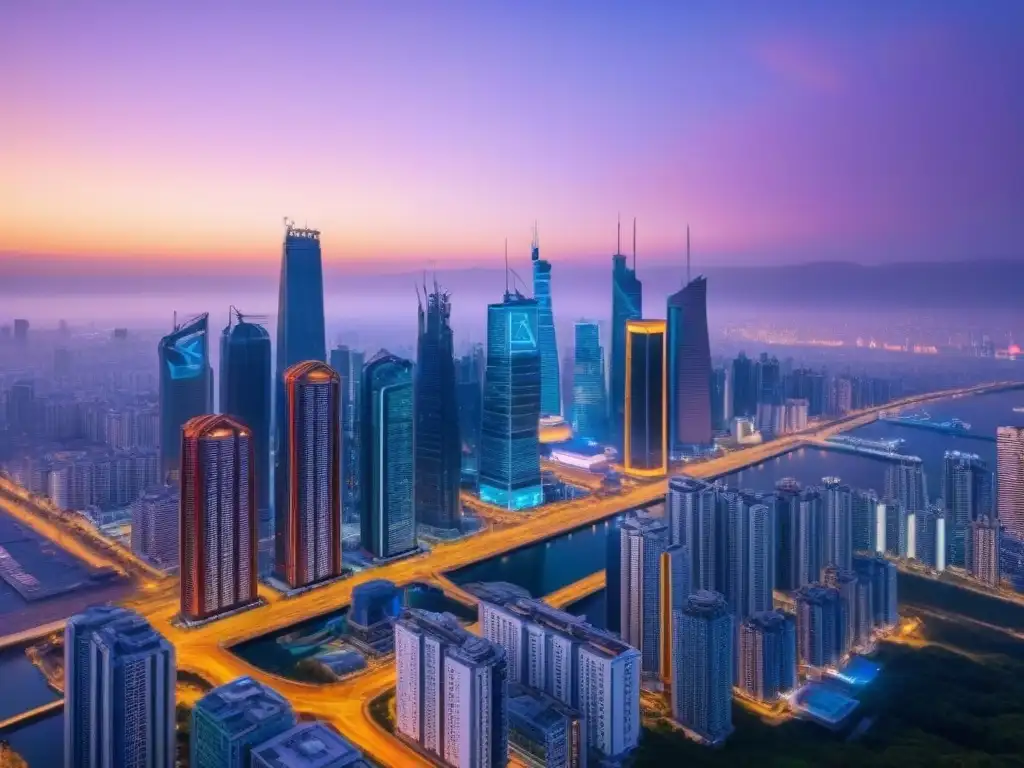 Cityscape futurista al atardecer: evolución del mercado PropTech Vista futurista de la ciudad al anochecer, con rascacielos innovadores iluminados por luces neón