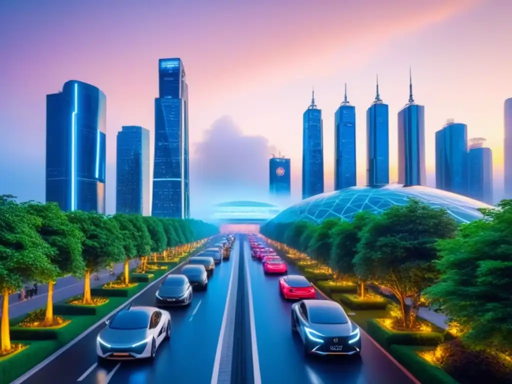 Metrópolis futurista: naturaleza y tecnología en armonía Vista futurista de una ciudad al anochecer, con rascacielos verdes y tecnológicos