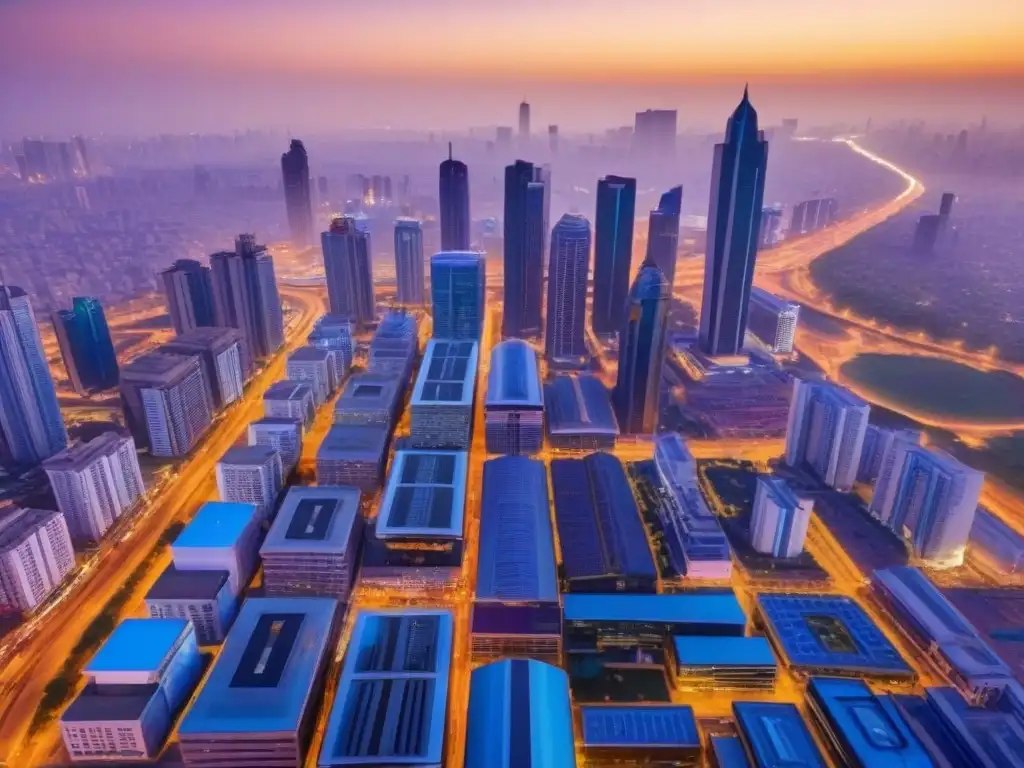 Skyline futurista en África: progreso y potencial inmobiliario Vista futurista de la ciudad en África: rascacielos, calles llenas de gente y transporte moderno al atardecer