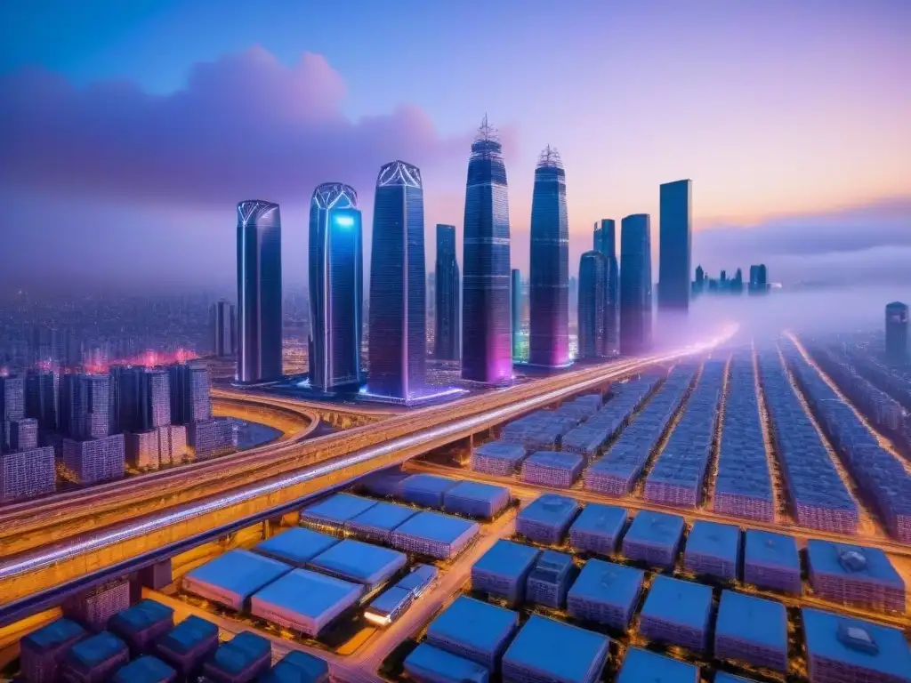 Metrópolis futurista: tecnología AI y arquitectura vanguardista Vista futurista de la ciudad al anochecer, con rascacielos iluminados por luces de neón y tecnología de vanguardia