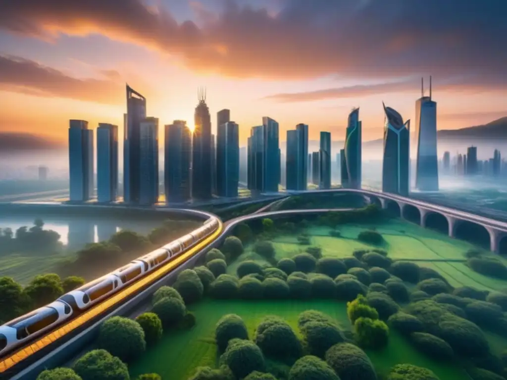 Metrópolis futurista: luces, rascacielos y trenes de alta velocidad Vista futurista de ciudad con rascacielos, trenes de alta velocidad y naturaleza exuberante