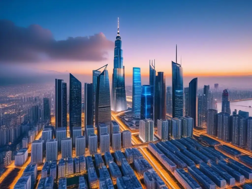 Metrópolis futurista: skyline 8k con gráficos de inversión inmobiliaria Vista futurista de la ciudad con rascacielos y datos de inversión en mercado inmobiliario internacional