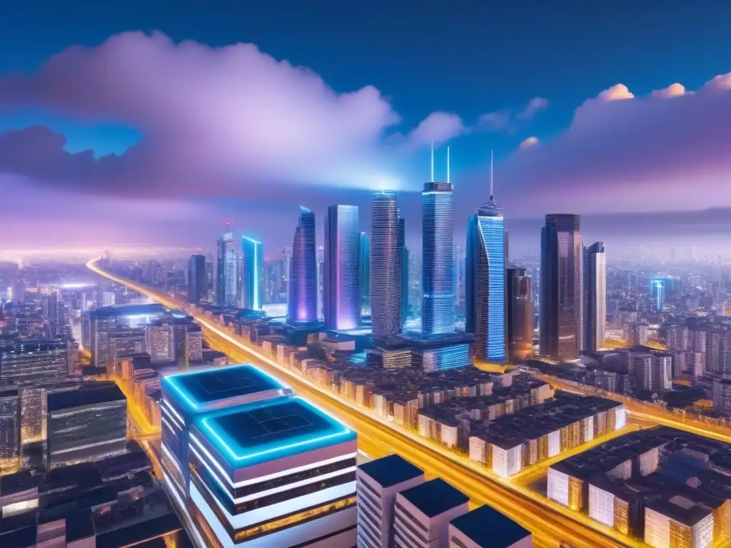 Futurismo urbano: ciudad tecnológica con rascacielos innovadores y drones Vista futurista de ciudad con rascacielos iluminados por luces neón y tecnología avanzada