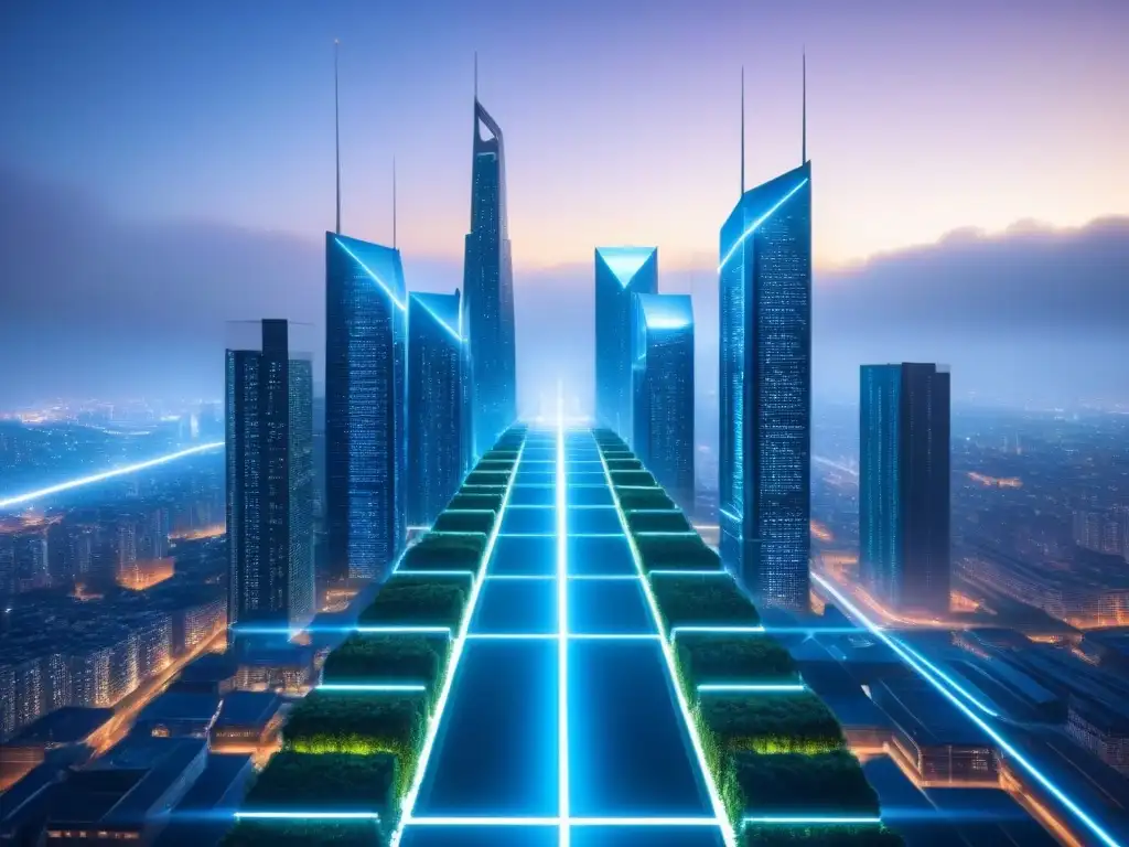 Metropolis blockchain: Integración tecnológica en bienes raíces Vista futurista de ciudad con rascacielos y cadenas blockchain, reflejando integración de Blockchain en inversión inmobiliaria internacional