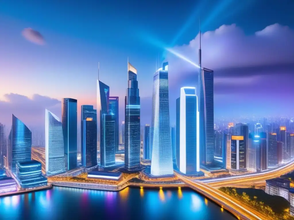 Horizonte futurista: gráficos de hipotecas en mercados emergentes Vista futurista de una ciudad con rascacielos y pantallas digitales mostrando datos económicos en mercados emergentes al anochecer
