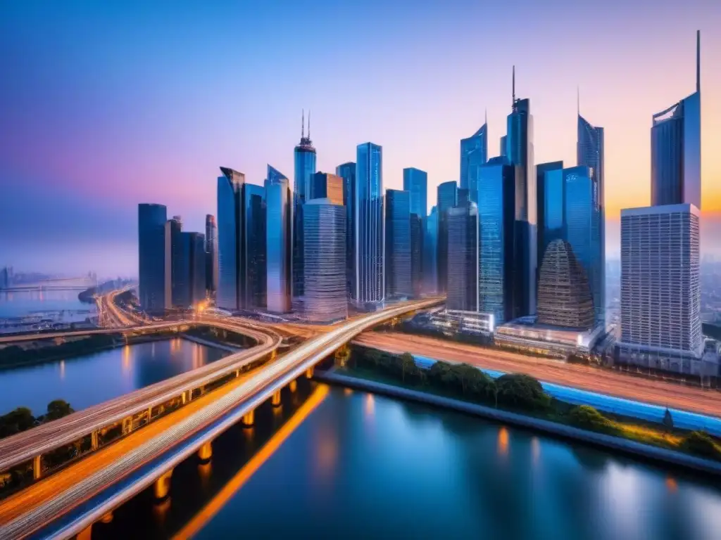 Amanecer en la ciudad: skyline moderno y vibrante Vista futurista de la ciudad al amanecer, con rascacielos de cristal y un distrito financiero vibrante