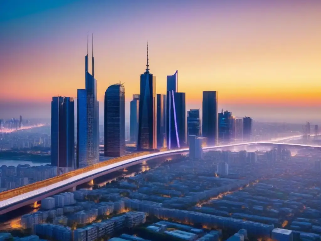 Inversión inmobiliaria: ciudad futurista al atardecer Vista futurista de la ciudad con rascacielos y edificios geométricos, simbolizando riesgos y oportunidades en el mercado inmobiliario ante bajas tasas de interés