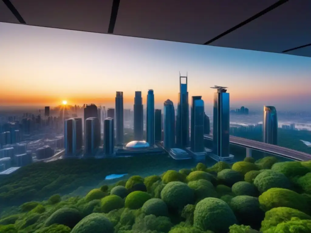 Horizonte futurista al amanecer: rascacielos y naturaleza en armonía Vista futurista de una ciudad al amanecer con rascacielos, puentes y vegetación