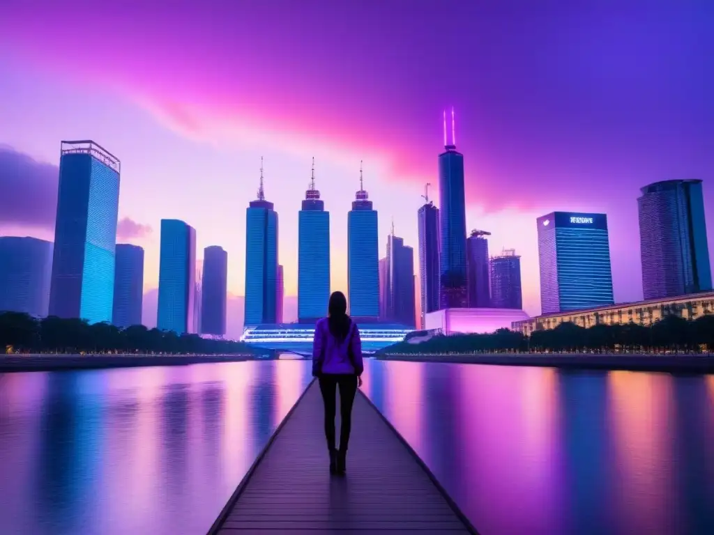Futurismo urbano: metrópolis nocturna iluminada con luces neón Vista futurista de la ciudad al anochecer con rascacielos iluminados y un río sereno, reflejando luces neón