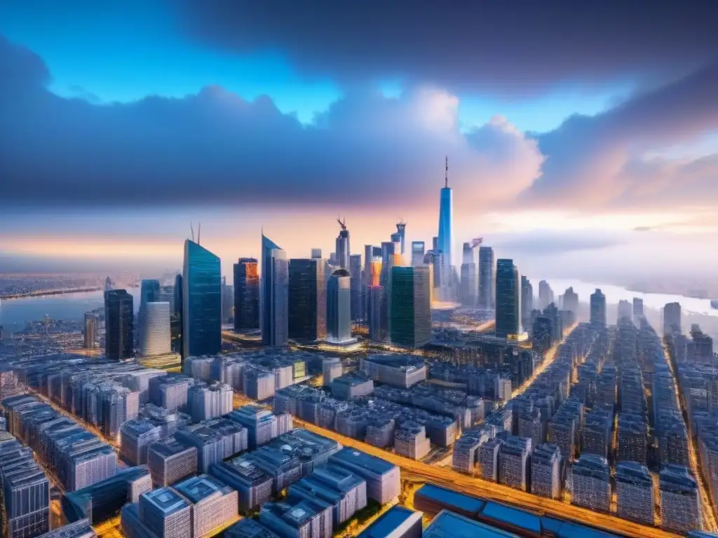 Metrópolis futurista: el epicentro global de real estate Vista futurista de una ciudad con rascacielos y profesionales, reflejo de tendencias globales M&A bienes raíces