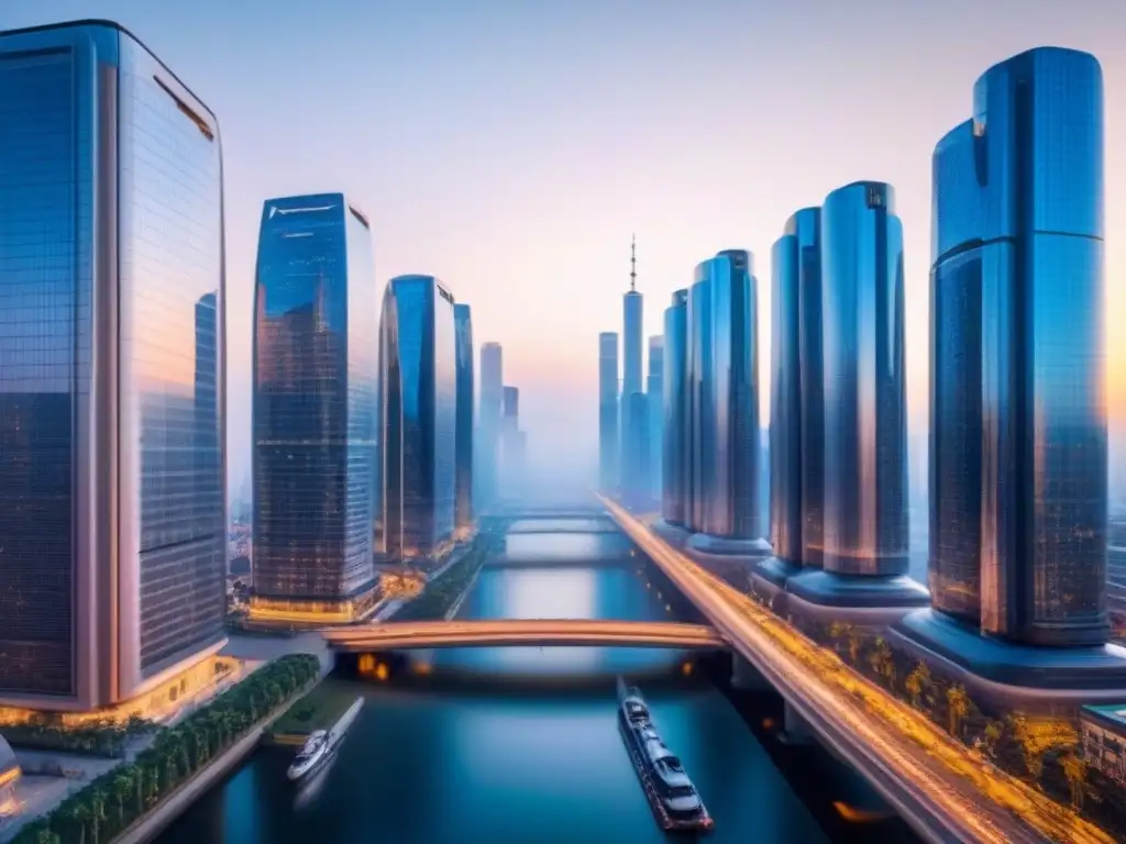 Metrópolis futurista con IA revolucionando el mercado inmobiliario Vista futurista de la ciudad con rascacielos modernos y drones AI, mostrando la revolución de la Inteligencia Artificial en evaluaciones inmobiliarias