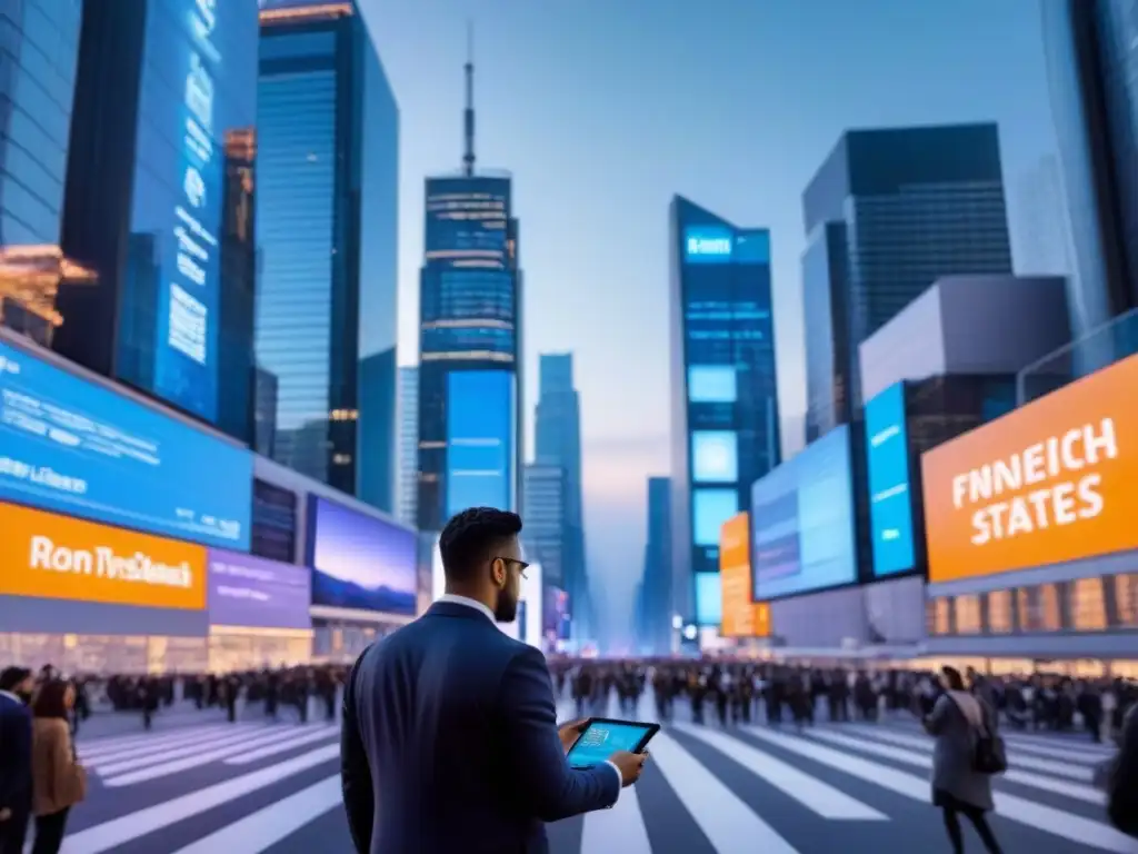 Metrópolis futurista: FinTech y tecnología en un escenario urbano moderno Vista futurista de ciudad al anochecer con rascacielos y datos financieros, reflejando la intersección de FinTech en mercado inmobiliario