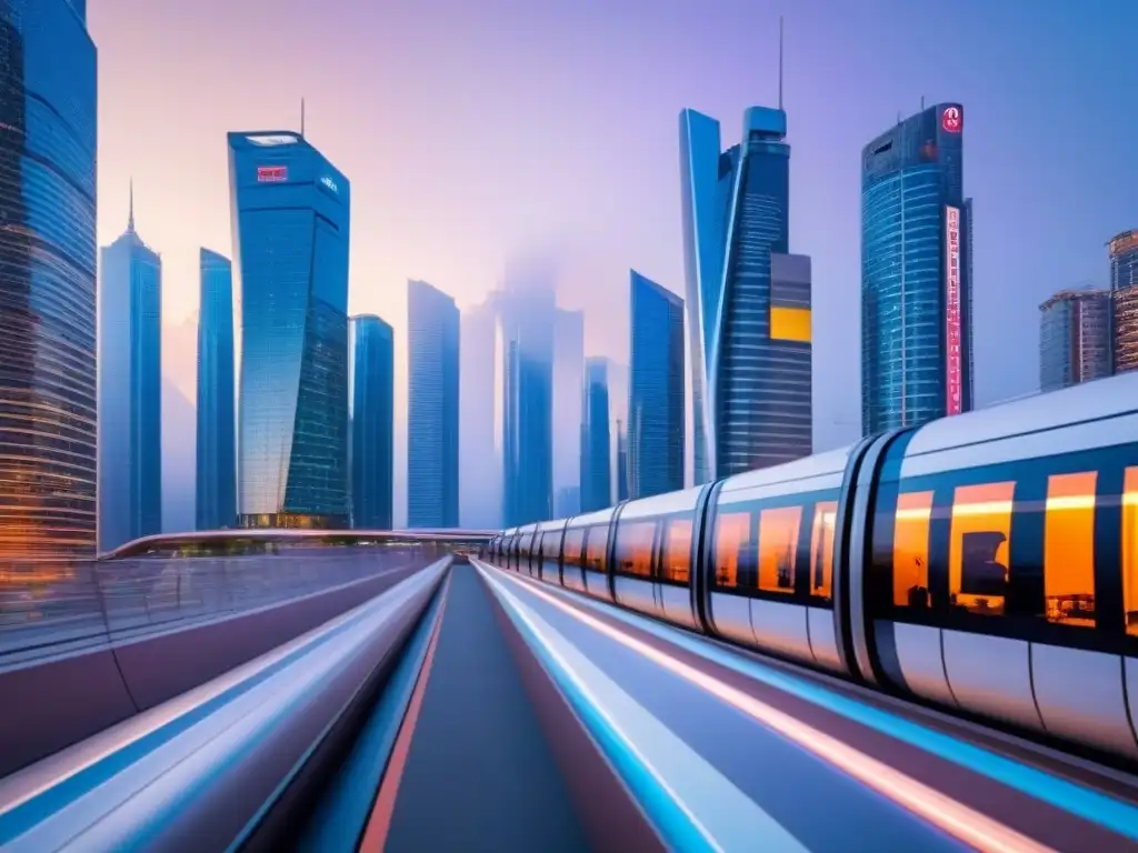 Metrópolis futurista: tecnología avanzada y conexiones globales Vista futurista de ciudad al anochecer, con rascacielos iluminados, monorraíles y pantallas holográficas con datos inmobiliarios