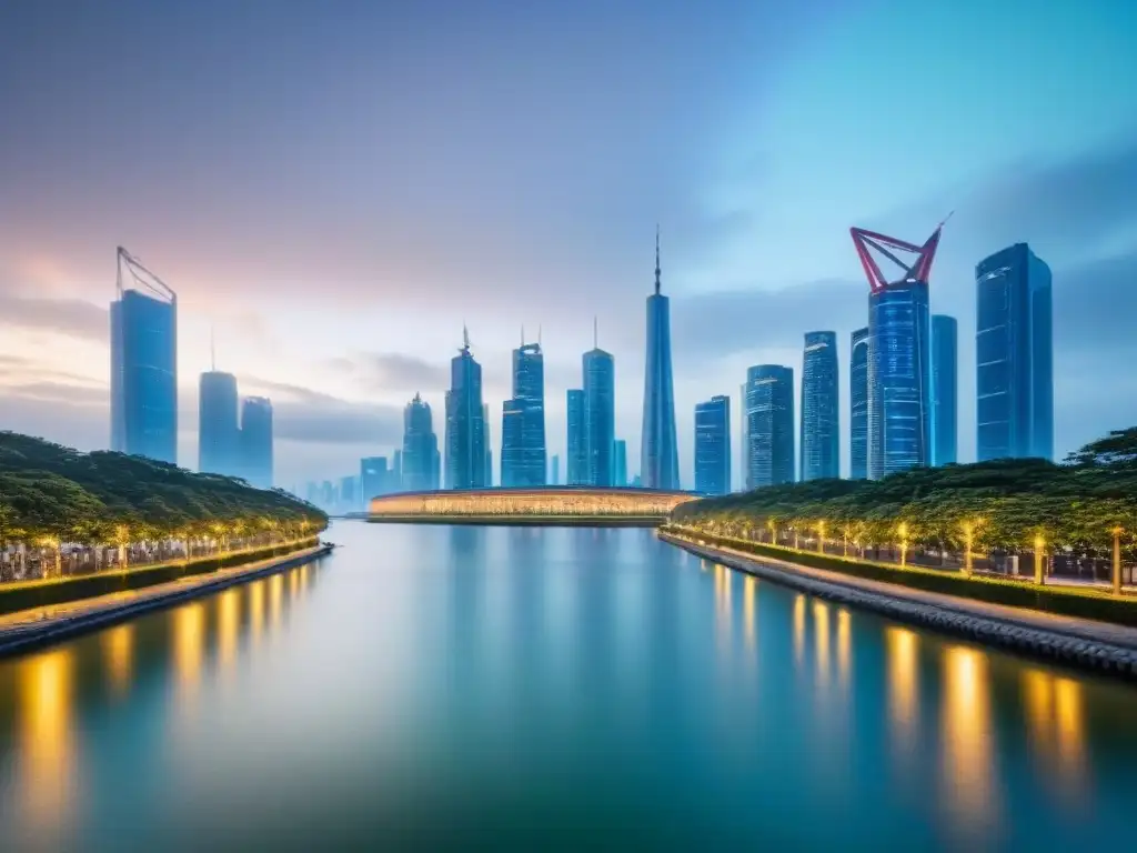 Horizonte futurista: arquitectura contemporánea y naturaleza en equilibrio Vista futurista de la ciudad al anochecer, con rascacielos relucientes y un lago tranquilo