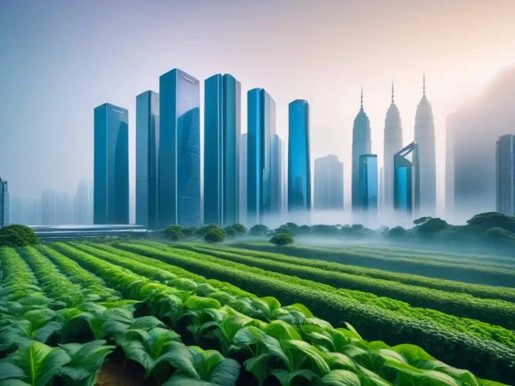 Ciudad futurista 8k: innovación y naturaleza en armonía Vista futurista de una ciudad con rascacielos y naturaleza, integrando inteligencia artificial en mercado inmobiliario