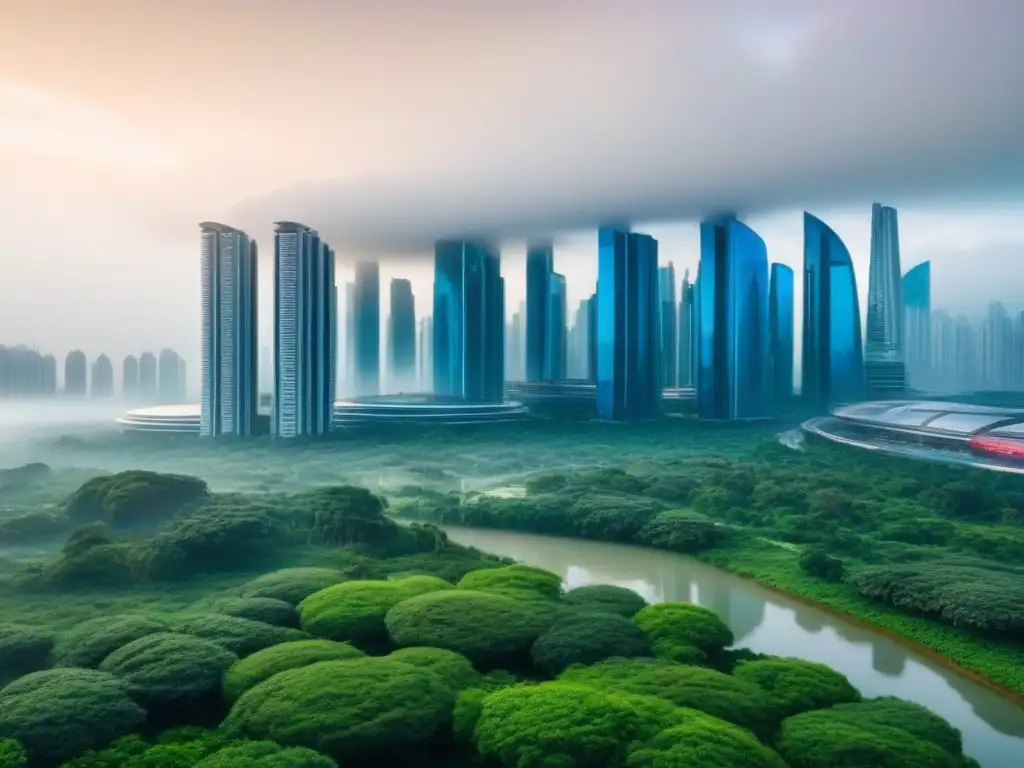 Metrópolis futurista: fusión de naturaleza y tecnología en 8k Vista futurista de ciudad con rascacielos modernos y naturaleza, integrando inteligencia artificial en mercado inmobiliario