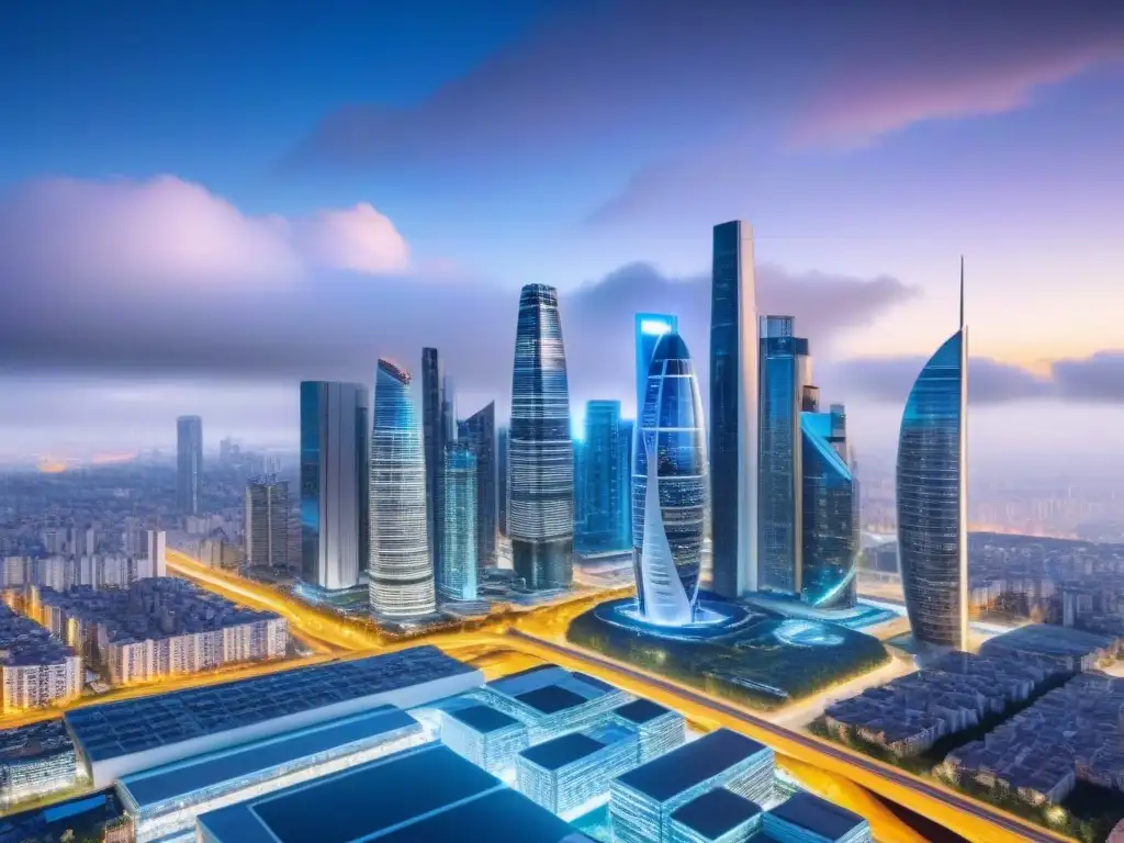 Metropolis futurista: integración de datos en inversión inmobiliaria global Vista futurista de ciudad con rascacielos iluminados por datos predictivos