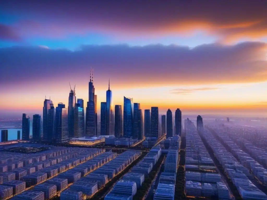 Horizonte futurista al atardecer: ciudad avanzada y vibrante Vista futurista de la ciudad al anochecer con rascacielos brillantes y transporte avanzado