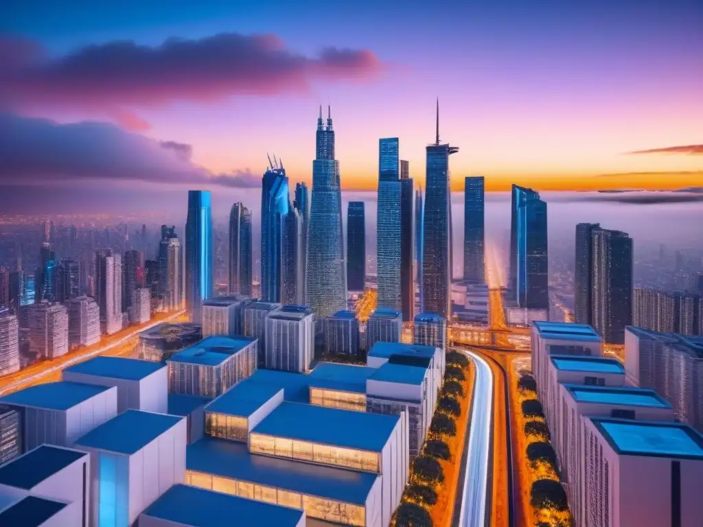 Metrópolis futurista: luces neon en skyline tecnológico Vista futurista de una ciudad al anochecer con rascacielos iluminados y transporte avanzado