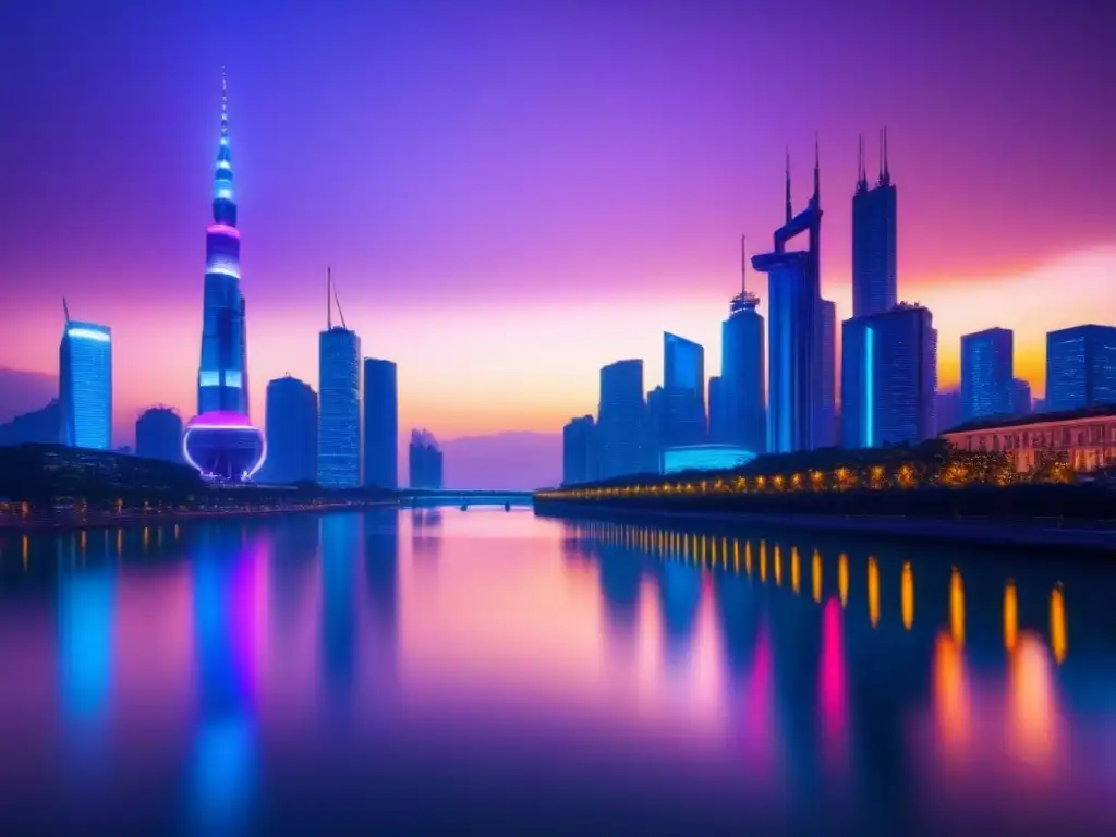 Horizonte urbano futurista: luces neón y arquitectura en evolución Vista futurista de una ciudad al anochecer, con rascacielos iluminados por luces de neón, reflejándose en un río tranquilo