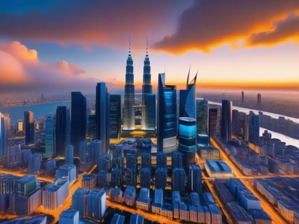 Metrópolis Futurista: Big Data en el Mercado Inmobiliario Vista futurista de una ciudad con rascacielos, datos y atardecer, interpretando Big Data mercado inmobiliario