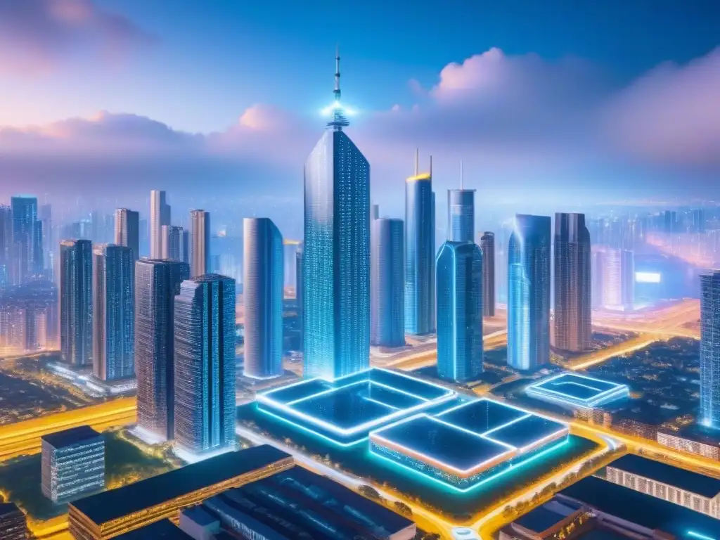Metrópolis futurista: Integración blockchain en bienes raíces Vista futurista de la ciudad con rascacielos modernos y patrones de blockchain, reflejando la integración de la tecnología en el mercado inmobiliario