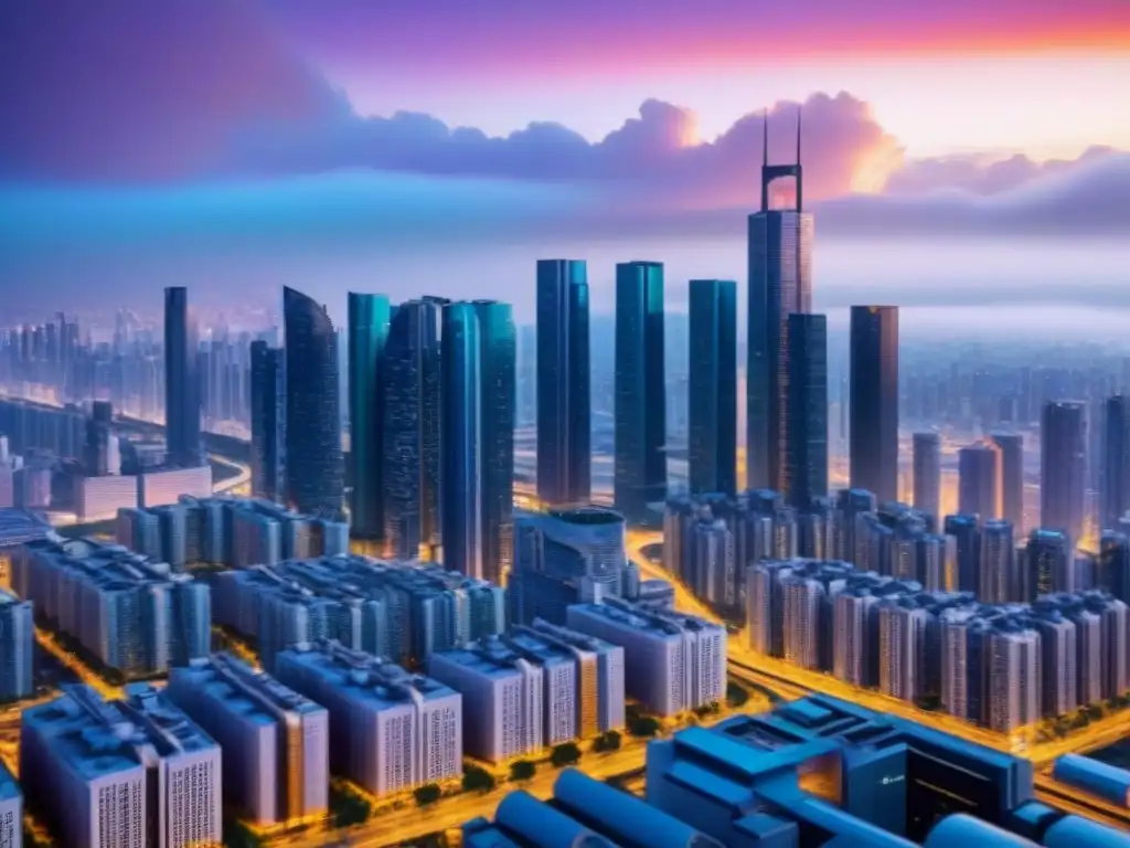 Blockchain futurista en ciudad 8k: atardecer tecnológico Vista futurista de la ciudad con rascacielos de vidrio y redes blockchain integradas